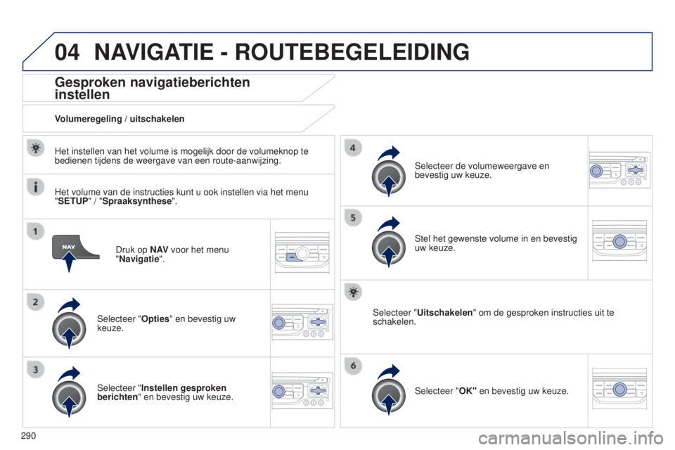 PEUGEOT 5008 2016  Instructieboekje (in Dutch) 04
290
5008_nl_Chap12b_RT6-2-8_ed01-2015
Druk op N AV voor het menu  
"Navigatie".
Gesproken navigatieberichten 
instellen
Selecteer "Opties" en bevestig uw 
keuze.
Volumeregeling / ui