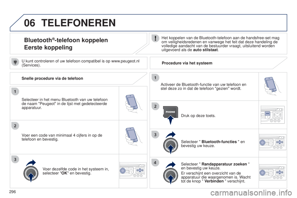 PEUGEOT 5008 2016  Instructieboekje (in Dutch) 06
296
5008_nl_Chap12b_RT6-2-8_ed01-2015
TELEFONEREN
Bluetooth®-telefoon koppelen
Eerste koppelingHet koppelen van de Bluetooth-telefoon aan de handsfree-set mag 
om veiligheidsredenen en vanwege het