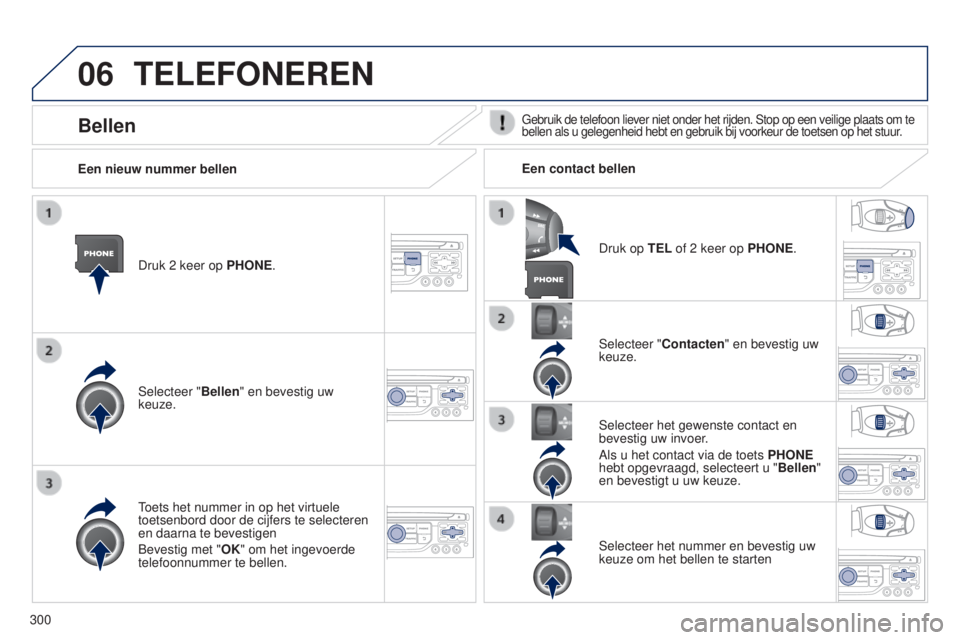 PEUGEOT 5008 2016 Instructieboekje (in Dutch) 06
300
5008_nl_Chap12b_RT6-2-8_ed01-2015
TELEFONEREN
Druk 2 keer op PHONE.
Selecteer " Bellen" en bevestig uw
keuze. Selecteer "Contacten" en bevestig uw
keuze.
Toets het nummer in o PEUGEOT 5008 2016 Instructieboekje (in Dutch) 06
300
5008_nl_Chap12b_RT6-2-8_ed01-2015
TELEFONEREN
Druk 2 keer op PHONE.
Selecteer " Bellen" en bevestig uw
keuze. Selecteer "Contacten" en bevestig uw
keuze.
Toets het nummer in o