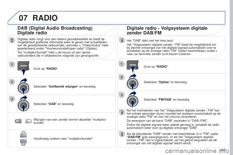 PEUGEOT 5008 2016  Instructieboekje (in Dutch) 07
309
5008_nl_Chap12b_RT6-2-8_ed01-2015
RADIO
Druk op "RADIO".
DAB (Digital Audio Broadcasting)
Digitale radio
Digitale radio zorgt voor een betere geluidskwaliteit en biedt de 
mogelijkheid	