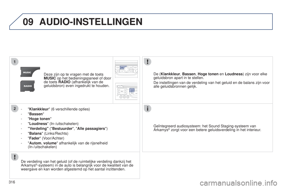 PEUGEOT 5008 2016  Instructieboekje (in Dutch) 09
316
5008_nl_Chap12b_RT6-2-8_ed01-2015
AUDIO-INSTELLINGEN
Deze zijn op te vragen met de toets 
MUSIC op het bedieningspaneel of door 
de toets RADIO (afhankelijk van de 
geluidsbron) even ingedrukt 