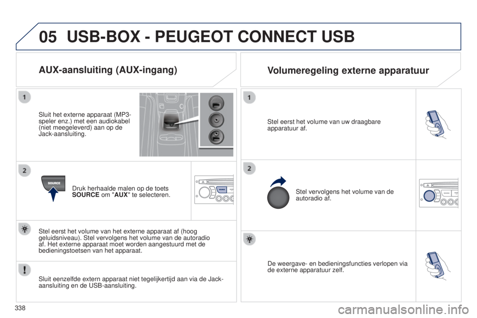 PEUGEOT 5008 2016  Instructieboekje (in Dutch) 05
338
5008_NL_CHAP12C_RD45_ED01_2015
De weergave- en bedieningsfuncties verlopen via 
de externe apparatuur zelf.
Stel eerst het volume van uw draagbare 
apparatuur af.
Stel vervolgens het volume van