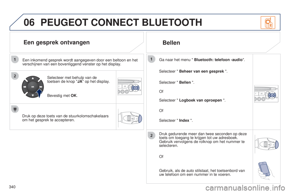 PEUGEOT 5008 2016  Instructieboekje (in Dutch) 06
340
5008_NL_CHAP12C_RD45_ED01_2015
Een inkomend gesprek wordt aangegeven door een beltoon en het 
verschijnen van een bovenliggend venster op het display.Selecteer met behulp van de 
toetsen de kno