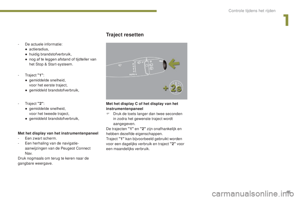 PEUGEOT 5008 2016  Instructieboekje (in Dutch) 45
5008_nl_Chap01_controle-marche_ed01-2015
- Traject " 1":
●	 gemiddelde 	 snelheid, 	
 
v

oor het eerste traject,
●	 gemiddeld
	b

randstofverbruik,
-
  Traject  "2":
●	 gemid