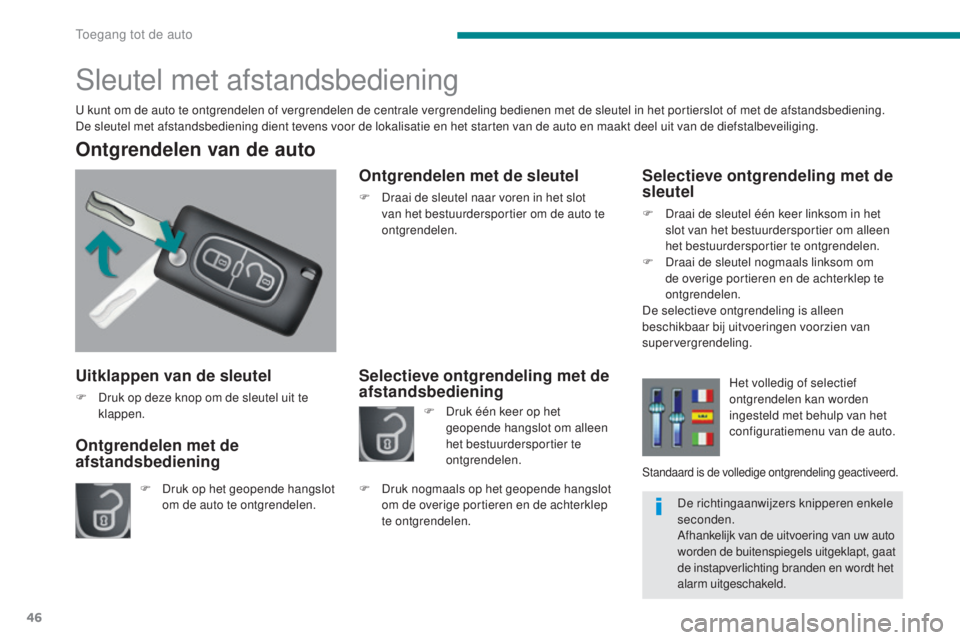 PEUGEOT 5008 2016  Instructieboekje (in Dutch) 46
5008_nl_Chap02_ouvertures_ed01-2015
Uitklappen van de sleutel
F Druk op deze knop om de sleutel uit te klappen.
Ontgrendelen van de auto
F Druk op het geopende hangslot om de auto te ontgrendelen.
