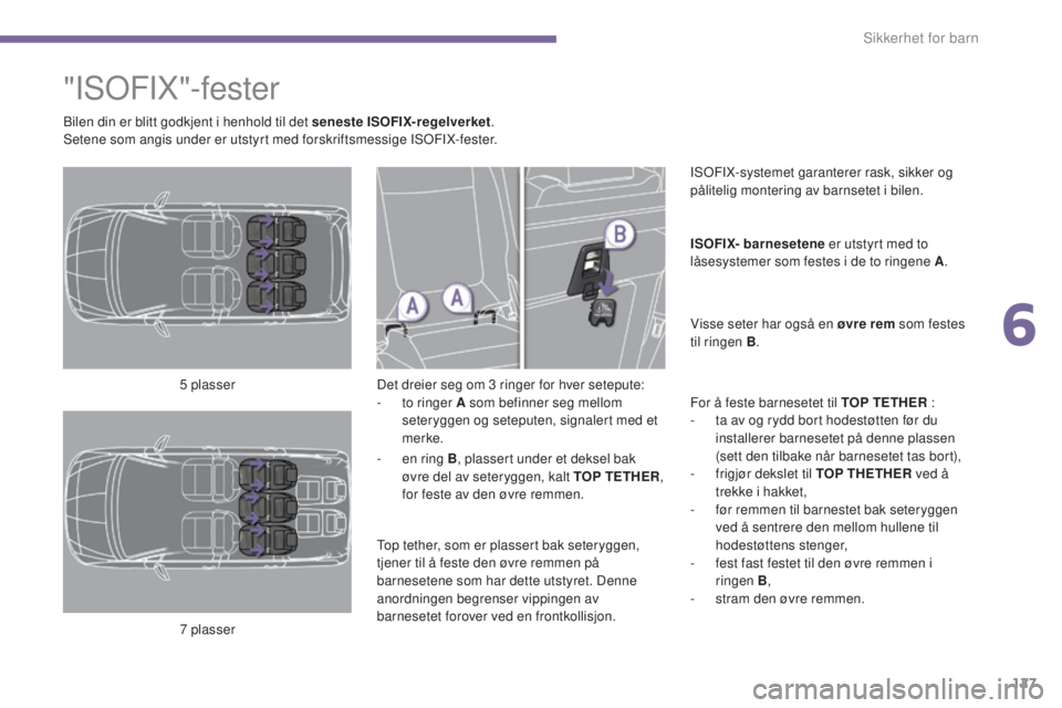 PEUGEOT 5008 2016 Instruksjoner for bruk (in Norwegian) 127
5008_no_Chap06_securite-enfants_ed01-2015
"ISOFIX"-fester
Det dreier seg om 3 ringer for hver setepute:
- t o ringer A som befinner seg mellom
seteryggen og seteputen, signalert med et
PEUGEOT 5008 2016 Instruksjoner for bruk (in Norwegian) 127
5008_no_Chap06_securite-enfants_ed01-2015
"ISOFIX"-fester
Det dreier seg om 3 ringer for hver setepute:
- t o ringer A som befinner seg mellom
seteryggen og seteputen, signalert med et
