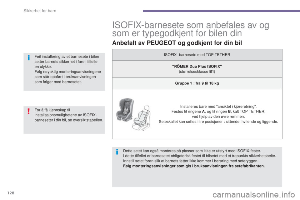 PEUGEOT 5008 2016 Instruksjoner for bruk (in Norwegian) 128
5008_no_Chap06_securite-enfants_ed01-2015
ISOFIX-barnesete som anbefales av og
som er typegodkjent for bilen din
Dette setet kan også monteres på plasser som ikke er utstyrt med ISOFIX-fester.
PEUGEOT 5008 2016 Instruksjoner for bruk (in Norwegian) 128
5008_no_Chap06_securite-enfants_ed01-2015
ISOFIX-barnesete som anbefales av og
som er typegodkjent for bilen din
Dette setet kan også monteres på plasser som ikke er utstyrt med ISOFIX-fester.