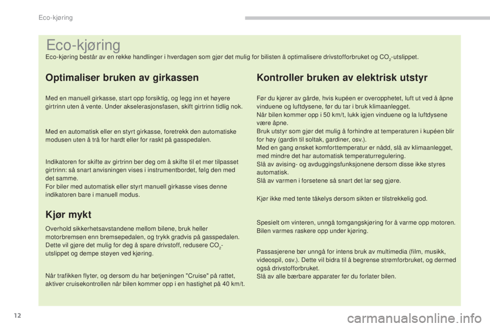 PEUGEOT 5008 2016 Instruksjoner for bruk (in Norwegian) 12
5008_no_Chap00c_eco-conduite_ed01-2015
Eco-kjøring
Eco-kjøring består av en rekke handlinger i hverdagen som gjør det mulig for bilisten å optimalisere drivstofforbruket og CO2-utslippet.
Opti PEUGEOT 5008 2016 Instruksjoner for bruk (in Norwegian) 12
5008_no_Chap00c_eco-conduite_ed01-2015
Eco-kjøring
Eco-kjøring består av en rekke handlinger i hverdagen som gjør det mulig for bilisten å optimalisere drivstofforbruket og CO2-utslippet.
Opti