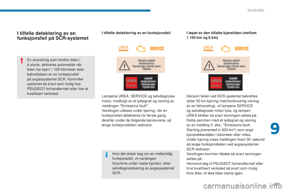 PEUGEOT 5008 2016 Instruksjoner for bruk (in Norwegian) 207
5008_no_Chap09_verifications_ed01-2015
I tilfelle detektering av en
funksjonsfeil på SCR-systemet
En anordning som hindrer bilen i
å starte, aktiveres automatisk når
bilen har kjørt 1 100 PEUGEOT 5008 2016 Instruksjoner for bruk (in Norwegian) 207
5008_no_Chap09_verifications_ed01-2015
I tilfelle detektering av en
funksjonsfeil på SCR-systemet
En anordning som hindrer bilen i
å starte, aktiveres automatisk når
bilen har kjørt 1 100