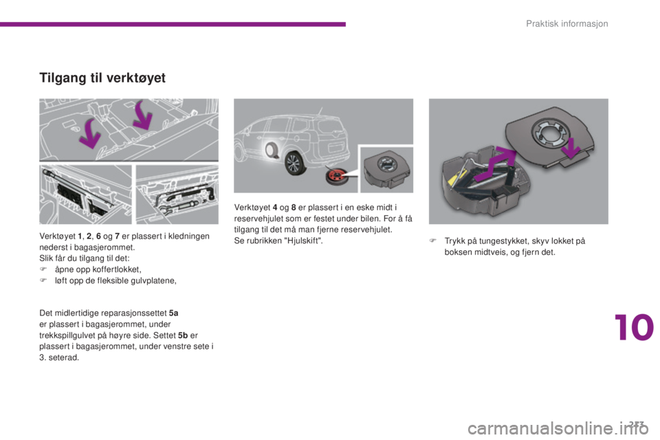 PEUGEOT 5008 2016 Instruksjoner for bruk (in Norwegian) 213
5008_no_Chap10_infos-pratiques_ed01-2015
Verktøyet 1, 2, 6 og 7 er plassert i kledningen
nederst i bagasjerommet.
Slik får du tilgang til det:
F
å
pne opp koffertlokket,
F
l
øft opp PEUGEOT 5008 2016 Instruksjoner for bruk (in Norwegian) 213
5008_no_Chap10_infos-pratiques_ed01-2015
Verktøyet 1, 2, 6 og 7 er plassert i kledningen
nederst i bagasjerommet.
Slik får du tilgang til det:
F
å
pne opp koffertlokket,
F
l
øft opp