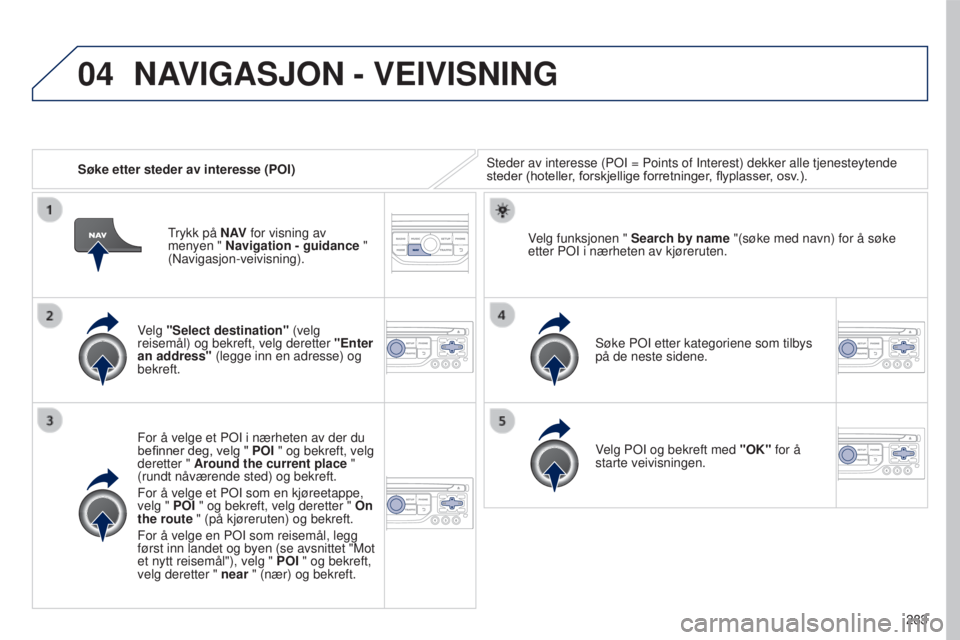 PEUGEOT 5008 2016 Instruksjoner for bruk (in Norwegian) 04
283
5008_no_Chap12b_RT6-2-8_ed01-2015
Søke etter steder av interesse (POI)Steder av interesse (POI = Points of Interest) dekker alle tjenesteyte\
nde
steder
(hoteller, forskjellige forretni PEUGEOT 5008 2016 Instruksjoner for bruk (in Norwegian) 04
283
5008_no_Chap12b_RT6-2-8_ed01-2015
Søke etter steder av interesse (POI)Steder av interesse (POI = Points of Interest) dekker alle tjenesteyte\
nde
steder
(hoteller, forskjellige forretni