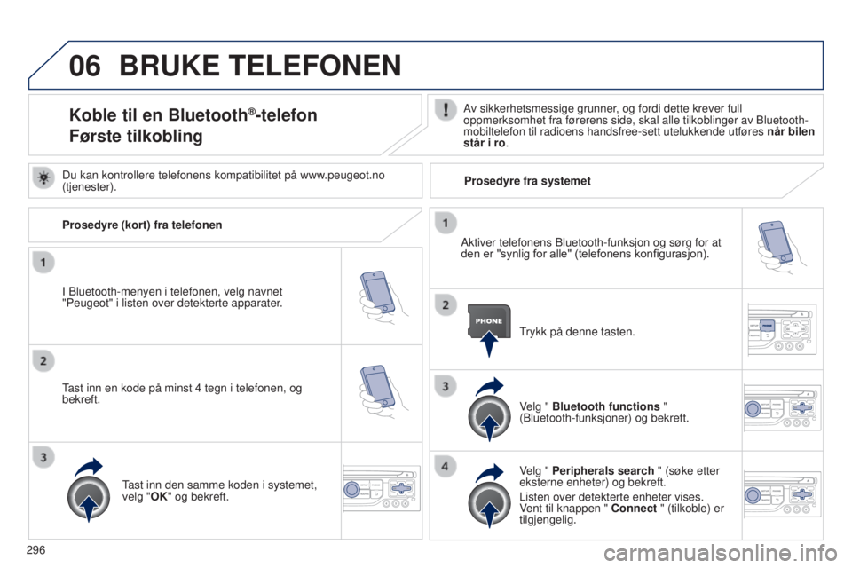 PEUGEOT 5008 2016  Instruksjoner for bruk (in Norwegian) 06
296
5008_no_Chap12b_RT6-2-8_ed01-2015
BRUKE TELEFONEN
Koble til en Bluetooth®-telefon
Første tilkoblingAv sikkerhetsmessige grunner, og fordi dette krever full 
oppmerksomhet fra førerens side, 