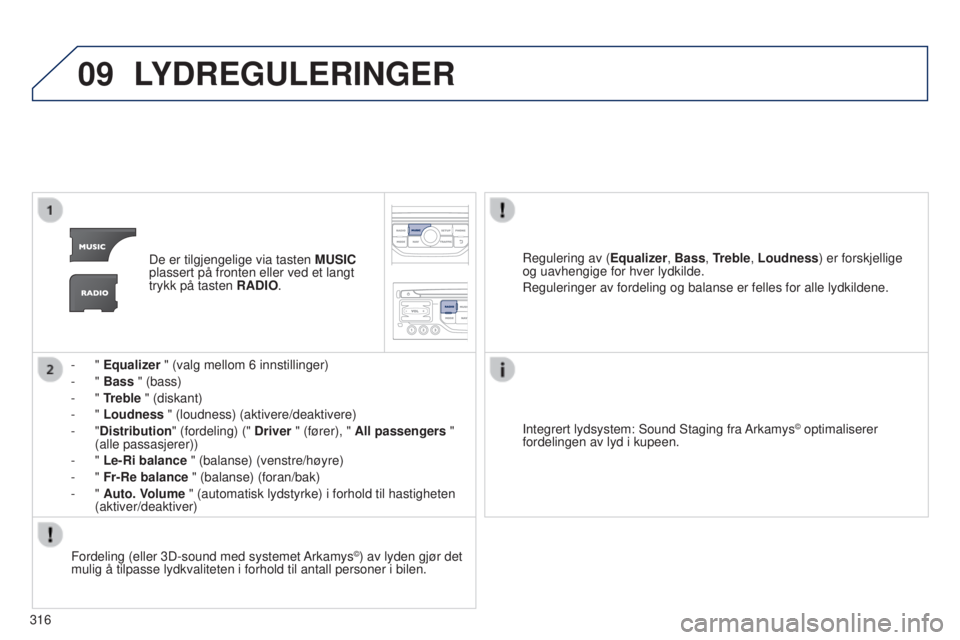 PEUGEOT 5008 2016 Instruksjoner for bruk (in Norwegian) 09
316
5008_no_Chap12b_RT6-2-8_ed01-2015
LYDREGULERINGER
De er tilgjengelige via tasten MUSIC
plassert på fronten eller ved et langt
trykk på tasten RADIO.
-
" Equalizer " (valg mellom PEUGEOT 5008 2016 Instruksjoner for bruk (in Norwegian) 09
316
5008_no_Chap12b_RT6-2-8_ed01-2015
LYDREGULERINGER
De er tilgjengelige via tasten MUSIC
plassert på fronten eller ved et langt
trykk på tasten RADIO.
-
" Equalizer " (valg mellom
