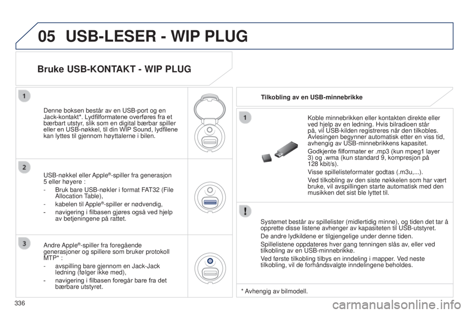 PEUGEOT 5008 2016 Instruksjoner for bruk (in Norwegian) 05
336
5008_NO_CHAP12C_RD45_ED01_2015
USB-LESER - WIP PLUG
Systemet består av spillelister (midlertidig minne), og tiden det t\
ar å
opprette disse listene avhenger av kapasiteten til USB-utstyret. PEUGEOT 5008 2016 Instruksjoner for bruk (in Norwegian) 05
336
5008_NO_CHAP12C_RD45_ED01_2015
USB-LESER - WIP PLUG
Systemet består av spillelister (midlertidig minne), og tiden det t\
ar å
opprette disse listene avhenger av kapasiteten til USB-utstyret.