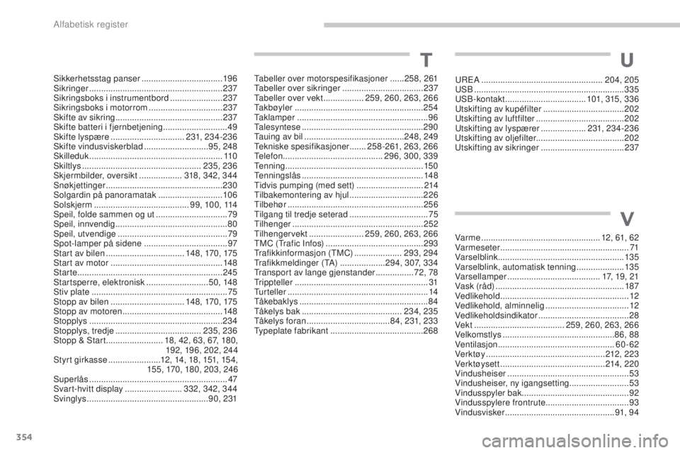 PEUGEOT 5008 2016 Instruksjoner for bruk (in Norwegian) 354
5008_no_Chap13_index-alpha_ed01-2015
Sikkerhetsstag panser ..................................19 6
Sikringer ................ ........................................ 237
Sikringsboks i instrumentb PEUGEOT 5008 2016 Instruksjoner for bruk (in Norwegian) 354
5008_no_Chap13_index-alpha_ed01-2015
Sikkerhetsstag panser ..................................19 6
Sikringer ................ ........................................ 237
Sikringsboks i instrumentb