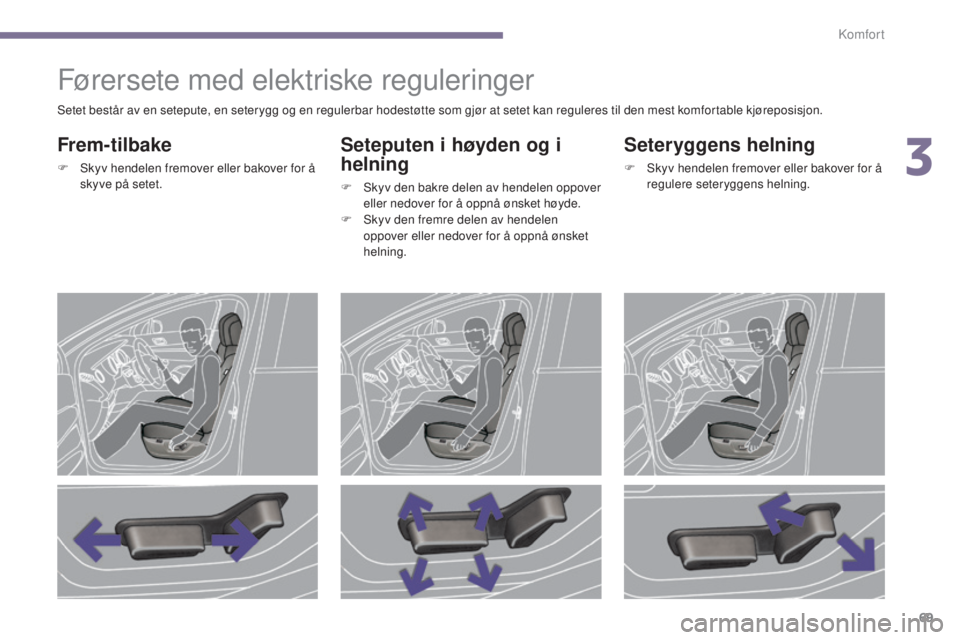 PEUGEOT 5008 2016 Instruksjoner for bruk (in Norwegian) 69
5008_no_Chap03_confort_ed01-2015
Førersete med elektriske reguleringer
Frem- tilbake
F Skyv hendelen fremover eller bakover for å skyve på setet.
Seteputen i høyden og i
helning
F Skyv den bak PEUGEOT 5008 2016 Instruksjoner for bruk (in Norwegian) 69
5008_no_Chap03_confort_ed01-2015
Førersete med elektriske reguleringer
Frem- tilbake
F Skyv hendelen fremover eller bakover for å skyve på setet.
Seteputen i høyden og i
helning
F Skyv den bak
