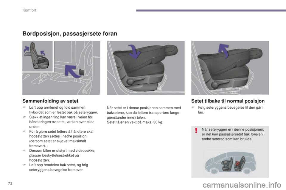 PEUGEOT 5008 2016 Instruksjoner for bruk (in Norwegian) 72
5008_no_Chap03_confort_ed01-2015
Bordposisjon, passasjersete foran
Når setet er i denne posisjonen sammen med
baksetene, kan du lettere transportere lange
gjenstander inne i bilen.
Setet tåler PEUGEOT 5008 2016 Instruksjoner for bruk (in Norwegian) 72
5008_no_Chap03_confort_ed01-2015
Bordposisjon, passasjersete foran
Når setet er i denne posisjonen sammen med
baksetene, kan du lettere transportere lange
gjenstander inne i bilen.
Setet tåler