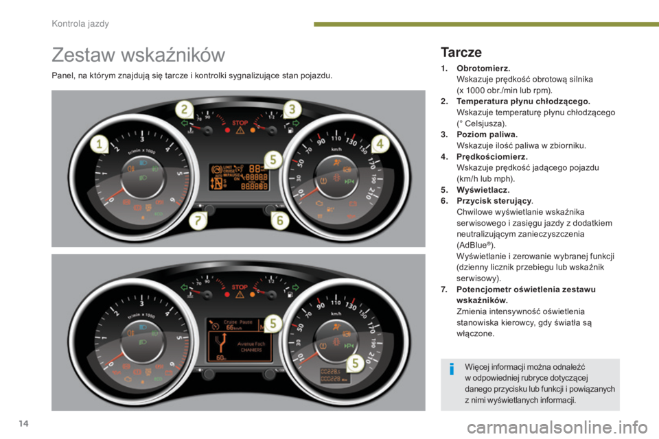 PEUGEOT 5008 2016 Instrukcja obsługi (in Polish) 14
5008_pl_Chap01_controle-marche_ed01-2015
Zestaw wskaźników
Panel, na którym znajdują się tarcze i kontrolki sygnalizujące stan pojazdu.
Ta r c z e
1. Obrotomierz.
Wskazuje prędkość obrot PEUGEOT 5008 2016 Instrukcja obsługi (in Polish) 14
5008_pl_Chap01_controle-marche_ed01-2015
Zestaw wskaźników
Panel, na którym znajdują się tarcze i kontrolki sygnalizujące stan pojazdu.
Ta r c z e
1. Obrotomierz.
Wskazuje prędkość obrot
