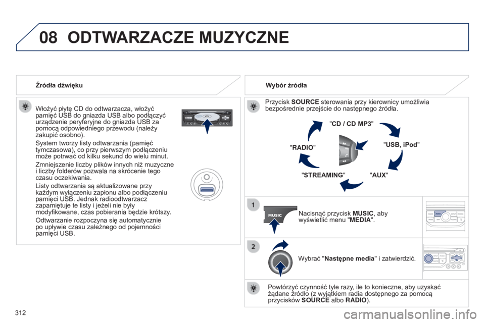 PEUGEOT 5008 2016 Instrukcja obsługi (in Polish) 08
312
5008_pl_Chap12b_RT6-2-8_ed01-2015
Włożyć płytę CD do odtwarzacza, włożyć
pamięć USB do gniazda USB albo podłączyć
urządzenie peryferyjne do gniazda USB za
pomocą odpowiedniego PEUGEOT 5008 2016 Instrukcja obsługi (in Polish) 08
312
5008_pl_Chap12b_RT6-2-8_ed01-2015
Włożyć płytę CD do odtwarzacza, włożyć
pamięć USB do gniazda USB albo podłączyć
urządzenie peryferyjne do gniazda USB za
pomocą odpowiedniego