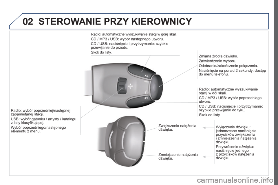 PEUGEOT 5008 2016 Instrukcja obsługi (in Polish) 02
331
5008_PL_CHAP12C_RD45_ED01_2015
STEROWANIE PRZY KIEROWNICY
Radio: automatyczne wyszukiwanie stacji w górę skali.
CD / MP3
/ USB: wybór następnego utworu.
CD / USB: naciśnięcie i przytrzy PEUGEOT 5008 2016 Instrukcja obsługi (in Polish) 02
331
5008_PL_CHAP12C_RD45_ED01_2015
STEROWANIE PRZY KIEROWNICY
Radio: automatyczne wyszukiwanie stacji w górę skali.
CD / MP3
/ USB: wybór następnego utworu.
CD / USB: naciśnięcie i przytrzy