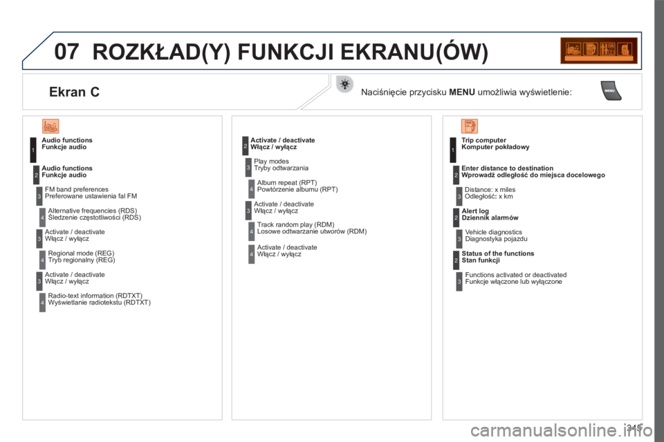 PEUGEOT 5008 2016 Instrukcja obsługi (in Polish) 07
345
5008_PL_CHAP12C_RD45_ED01_2015
ROZKŁAD(Y) FUNKCJI EKRANU(óW)
Audio functions
Funkcje audio
FM band preferences
Preferowane ustawienia fal FM
Alternative frequencies (RDS)
Śledzenie c PEUGEOT 5008 2016 Instrukcja obsługi (in Polish) 07
345
5008_PL_CHAP12C_RD45_ED01_2015
ROZKŁAD(Y) FUNKCJI EKRANU(óW)
Audio functions
Funkcje audio
FM band preferences
Preferowane ustawienia fal FM
Alternative frequencies (RDS)
Śledzenie c