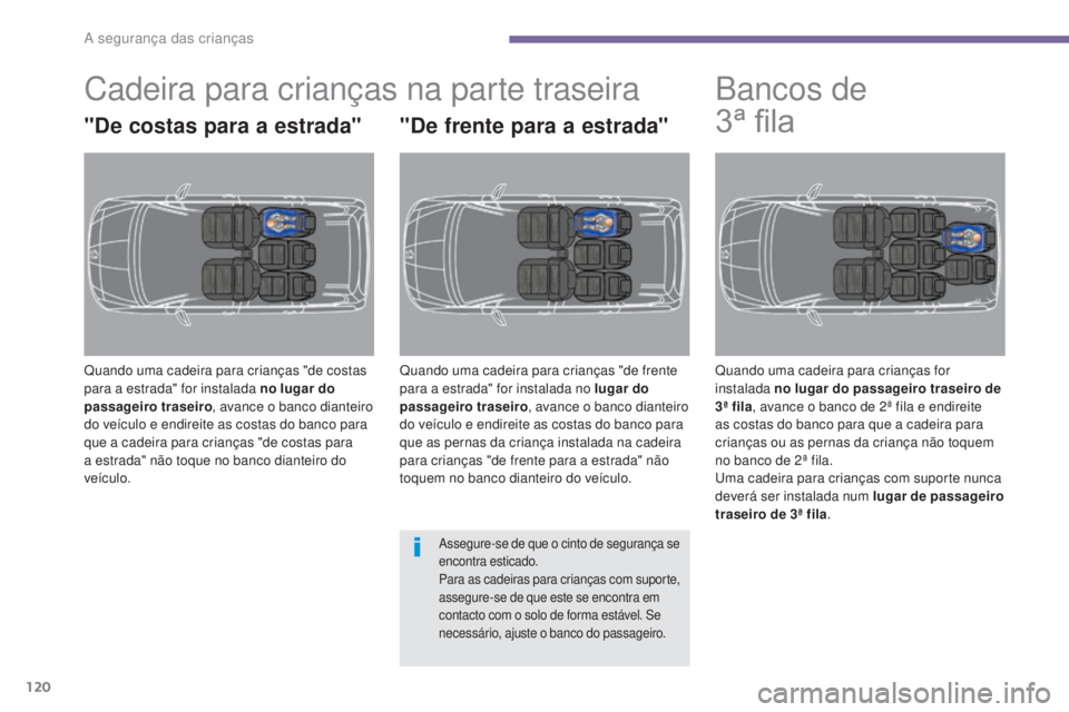 PEUGEOT 5008 2016 Manual de utilização (in Portuguese) 120
5008_pt_Chap06_securite-enfants_ed01-2015
Cadeira para crianças na parte traseira
"De costas para a estrada"
Quando uma cadeira para crianças "de costas
para a estrada" for inst PEUGEOT 5008 2016 Manual de utilização (in Portuguese) 120
5008_pt_Chap06_securite-enfants_ed01-2015
Cadeira para crianças na parte traseira
"De costas para a estrada"
Quando uma cadeira para crianças "de costas
para a estrada" for inst
