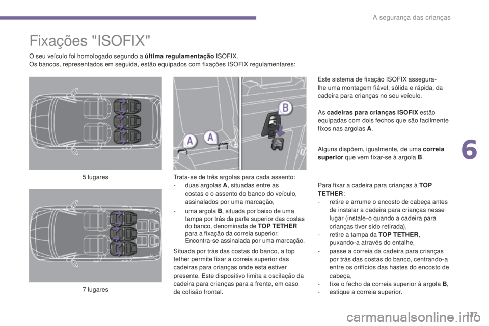 PEUGEOT 5008 2016 Manual de utilização (in Portuguese) 127
5008_pt_Chap06_securite-enfants_ed01-2015
Fixações "ISOFIX"
Trata-se de três argolas para cada assento:
- d uas argolas A , situadas entre as
costas e o assento do banco do veículo,
PEUGEOT 5008 2016 Manual de utilização (in Portuguese) 127
5008_pt_Chap06_securite-enfants_ed01-2015
Fixações "ISOFIX"
Trata-se de três argolas para cada assento:
- d uas argolas A , situadas entre as
costas e o assento do banco do veículo,