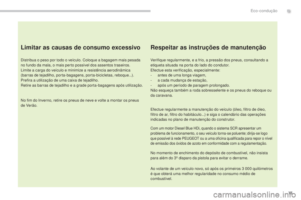 PEUGEOT 5008 2016 Manual de utilização (in Portuguese) 13
5008_pt_Chap00c_eco-conduite_ed01-2015
Limitar as causas de consumo excessivo
Distribua o peso por todo o veÃculo. Coloque a bagagem mais pesada
no fundo da mala, o mais perto possÃvel dos assen PEUGEOT 5008 2016 Manual de utilização (in Portuguese) 13
5008_pt_Chap00c_eco-conduite_ed01-2015
Limitar as causas de consumo excessivo
Distribua o peso por todo o veÃculo. Coloque a bagagem mais pesada
no fundo da mala, o mais perto possÃvel dos assen