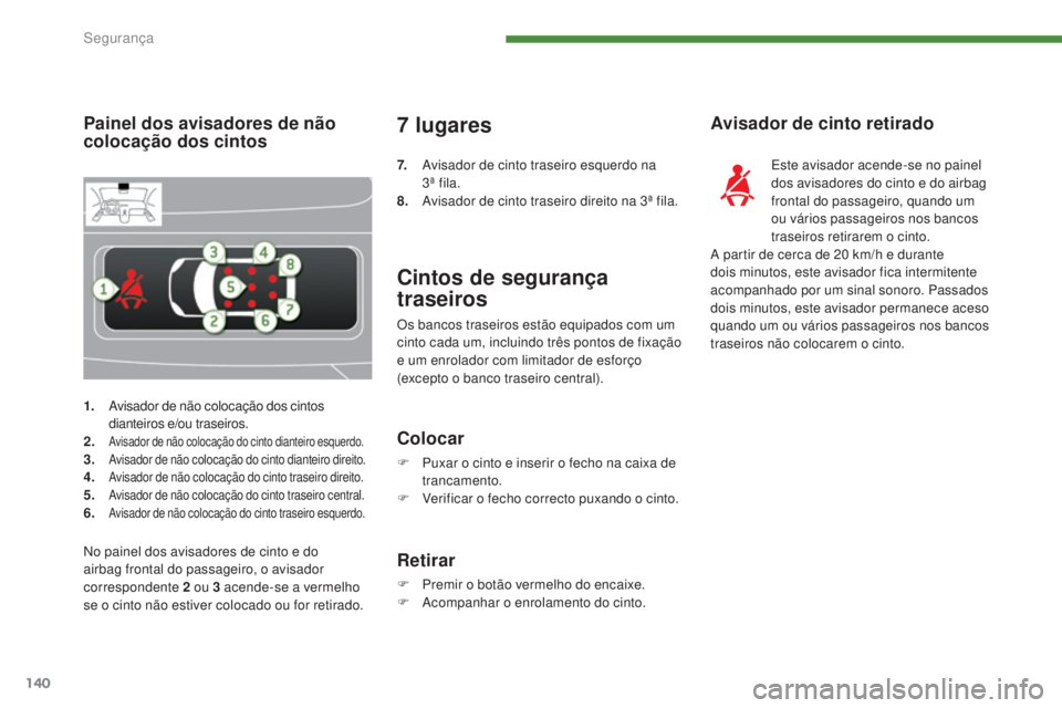 PEUGEOT 5008 2016 Manual de utilização (in Portuguese) 140
5008_pt_Chap07_securite_ed01-2015
1. Avisador de não colocação dos cintos dianteiros e/ou traseiros.
2.
Avisador de não colocação do cinto dianteiro esquerdo.3. Avisador de não colocação PEUGEOT 5008 2016 Manual de utilização (in Portuguese) 140
5008_pt_Chap07_securite_ed01-2015
1. Avisador de não colocação dos cintos dianteiros e/ou traseiros.
2.
Avisador de não colocação do cinto dianteiro esquerdo.3. Avisador de não colocação