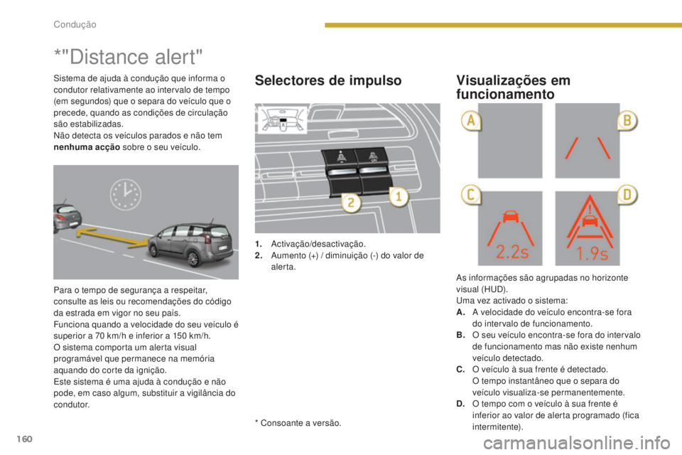 PEUGEOT 5008 2016 Manual de utilização (in Portuguese) 160
5008_pt_Chap08_conduite_ed01-2015
*"Distance alert"
Para o tempo de segurança a respeitar,
consulte as leis ou recomendações do código
da estrada em vigor no seu país.
Funciona quan PEUGEOT 5008 2016 Manual de utilização (in Portuguese) 160
5008_pt_Chap08_conduite_ed01-2015
*"Distance alert"
Para o tempo de segurança a respeitar,
consulte as leis ou recomendações do código
da estrada em vigor no seu país.
Funciona quan