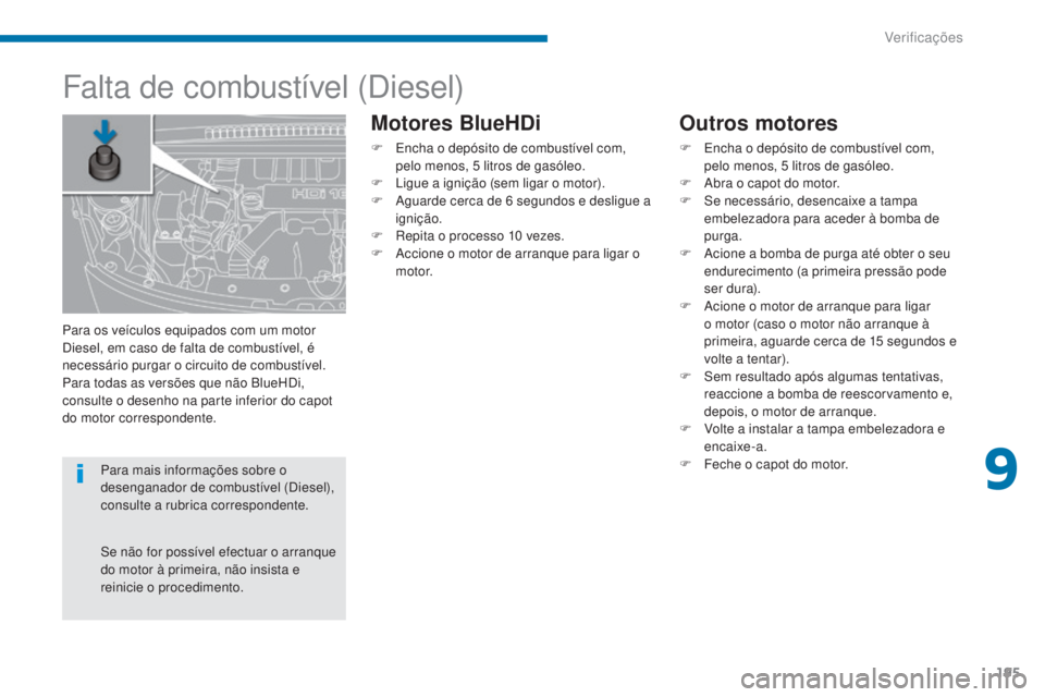 PEUGEOT 5008 2016  Manual de utilização (in Portuguese) 195
5008_pt_Chap09_verifications_ed01-2015
Falta de combustível (Diesel)
Outros motores
F Encha o depósito de combustível com, pelo menos, 5   litros de gasóleo.
F
 
A
 bra o capot do motor.
F
 
S