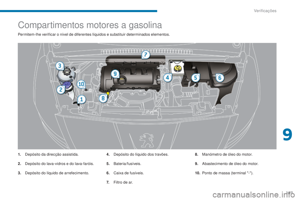 PEUGEOT 5008 2016  Manual de utilização (in Portuguese) 197
5008_pt_Chap09_verifications_ed01-2015
Compartimentos motores a gasolina
Permitem-lhe verificar o nível de diferentes líquidos e substituir determinados elementos.
1.
 D
epósito da direcção a