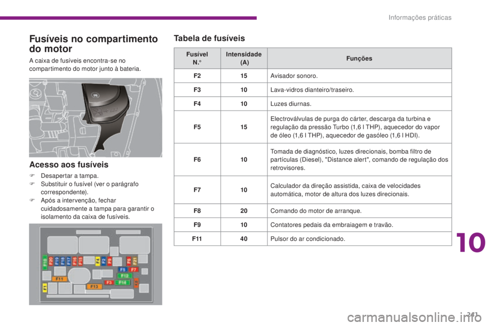 PEUGEOT 5008 2016 Manual de utilização (in Portuguese) 241
5008_pt_Chap10_infos-pratiques_ed01-2015
Fusíveis no compartimento
do motor
A caixa de fusíveis encontra-se no
compartimento do motor junto à bateria.Fusível
N .° Intensidade
(A) Funçõ PEUGEOT 5008 2016 Manual de utilização (in Portuguese) 241
5008_pt_Chap10_infos-pratiques_ed01-2015
Fusíveis no compartimento
do motor
A caixa de fusíveis encontra-se no
compartimento do motor junto à bateria.Fusível
N .° Intensidade
(A) Funçõ