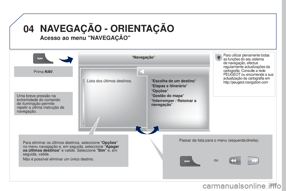 PEUGEOT 5008 2016 Manual de utilização (in Portuguese) 04
279
5008_pt_Chap12b_RT6-2-8_ed01-2015
Lista dos últimos destinos."Navegação
"
Para eliminar os últimos destinos, seleccione " Opções"
no menu navegação e, em seguida, selec PEUGEOT 5008 2016 Manual de utilização (in Portuguese) 04
279
5008_pt_Chap12b_RT6-2-8_ed01-2015
Lista dos últimos destinos."Navegação
"
Para eliminar os últimos destinos, seleccione " Opções"
no menu navegação e, em seguida, selec