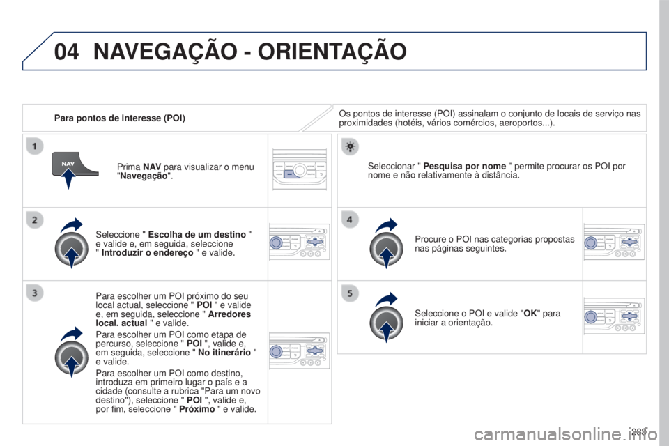 PEUGEOT 5008 2016 Manual de utilização (in Portuguese) 04
283
5008_pt_Chap12b_RT6-2-8_ed01-2015
Para pontos de interesse (POI)Os pontos de interesse (POI) assinalam o conjunto de locais de serviç\
o nas
proximidades (hotéis, vários comércios, aeropor PEUGEOT 5008 2016 Manual de utilização (in Portuguese) 04
283
5008_pt_Chap12b_RT6-2-8_ed01-2015
Para pontos de interesse (POI)Os pontos de interesse (POI) assinalam o conjunto de locais de serviç\
o nas
proximidades (hotéis, vários comércios, aeropor