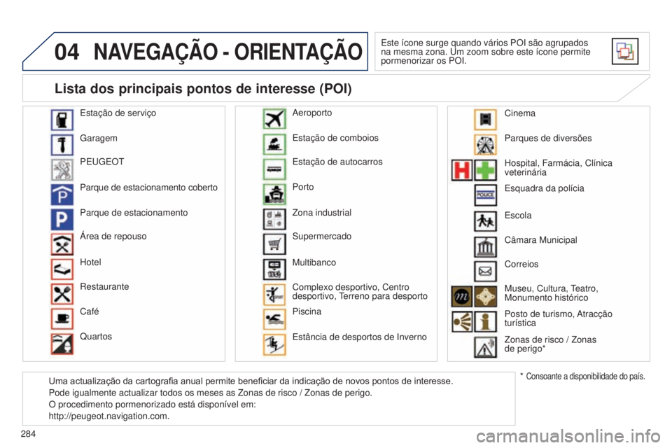 PEUGEOT 5008 2016 Manual de utilização (in Portuguese) 04
284
5008_pt_Chap12b_RT6-2-8_ed01-2015
NAVEGAÇÃO - ORIENTAÇÃO
Este ícone surge quando vários POI são agrupados
na mesma zona. Um zoom sobre este ícone permite
pormenorizar os POI.
Estaçã PEUGEOT 5008 2016 Manual de utilização (in Portuguese) 04
284
5008_pt_Chap12b_RT6-2-8_ed01-2015
NAVEGAÇÃO - ORIENTAÇÃO
Este ícone surge quando vários POI são agrupados
na mesma zona. Um zoom sobre este ícone permite
pormenorizar os POI.
Estaçã