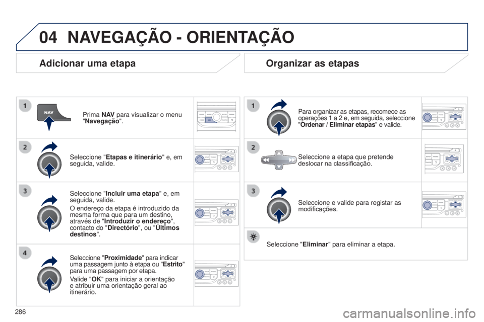PEUGEOT 5008 2016 Manual de utilização (in Portuguese) 04
286
5008_pt_Chap12b_RT6-2-8_ed01-2015
Adicionar uma etapa
Prima N AV para visualizar o menu
"Navegação ".
Seleccione " Etapas e itinerário" e, em
seguida, valide.
Seleccione & PEUGEOT 5008 2016 Manual de utilização (in Portuguese) 04
286
5008_pt_Chap12b_RT6-2-8_ed01-2015
Adicionar uma etapa
Prima N AV para visualizar o menu
"Navegação ".
Seleccione " Etapas e itinerário" e, em
seguida, valide.
Seleccione &