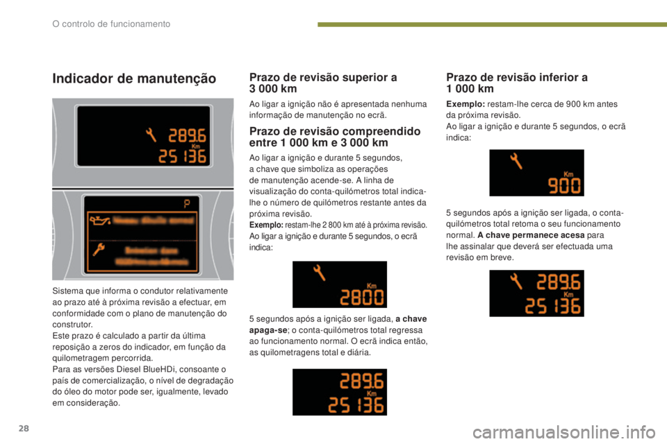 PEUGEOT 5008 2016 Manual de utilização (in Portuguese) 28
5008_pt_Chap01_controle-marche_ed01-2015
Indicador de manutenção
Prazo de revisão compreendido
entre 1 000 km e 3 000 km
Ao ligar a ignição e durante 5 segundos,
a c have que simboliz PEUGEOT 5008 2016 Manual de utilização (in Portuguese) 28
5008_pt_Chap01_controle-marche_ed01-2015
Indicador de manutenção
Prazo de revisão compreendido
entre 1 000 km e 3 000 km
Ao ligar a ignição e durante 5 segundos,
a c have que simboliz