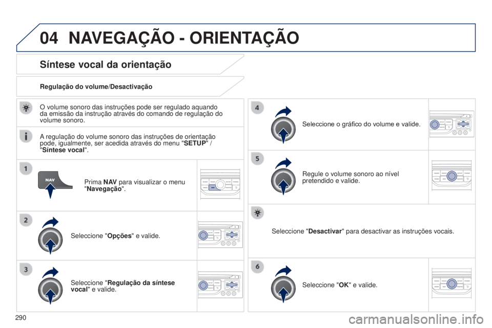 PEUGEOT 5008 2016 Manual de utilização (in Portuguese) 04
290
5008_pt_Chap12b_RT6-2-8_ed01-2015
Prima N AV para visualizar o menu
"Navegação ".
Síntese vocal da orientação
Seleccione "Opções" e valide.
Regulação do volume/Desact PEUGEOT 5008 2016 Manual de utilização (in Portuguese) 04
290
5008_pt_Chap12b_RT6-2-8_ed01-2015
Prima N AV para visualizar o menu
"Navegação ".
Síntese vocal da orientação
Seleccione "Opções" e valide.
Regulação do volume/Desact