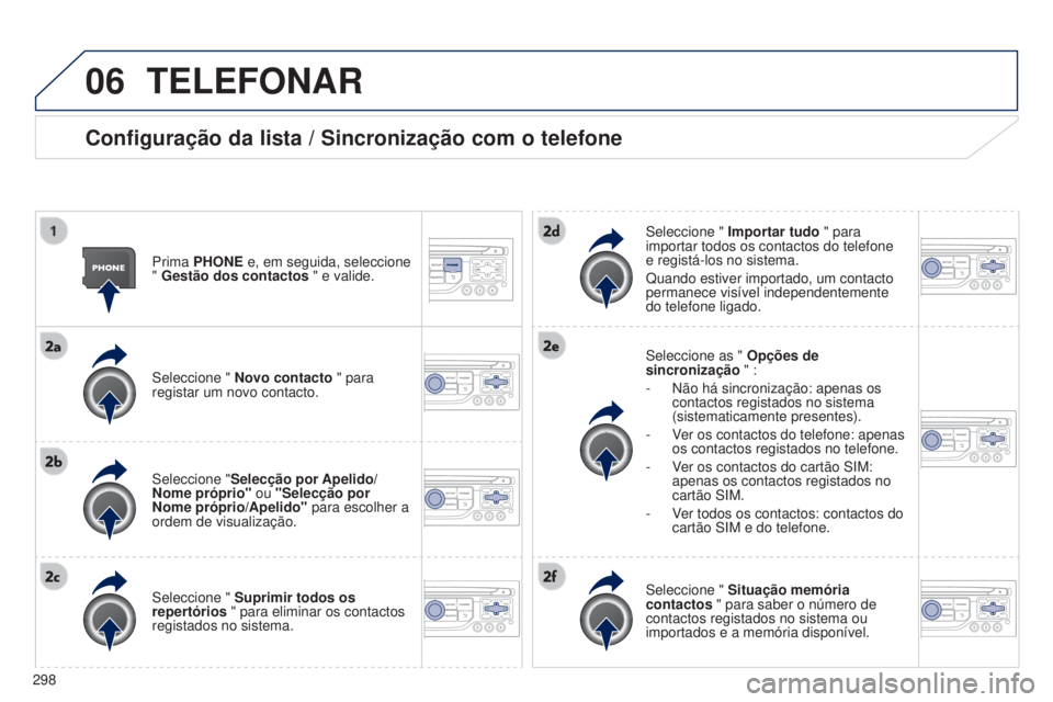 PEUGEOT 5008 2016 Manual de utilização (in Portuguese) 06
298
5008_pt_Chap12b_RT6-2-8_ed01-2015
TELEFONAR
Configuração da lista / Sincronização com o telefone
Prima PHONE e, em seguida, seleccione
" Gestão dos contactos " e valide.
Seleccion PEUGEOT 5008 2016 Manual de utilização (in Portuguese) 06
298
5008_pt_Chap12b_RT6-2-8_ed01-2015
TELEFONAR
Configuração da lista / Sincronização com o telefone
Prima PHONE e, em seguida, seleccione
" Gestão dos contactos " e valide.
Seleccion