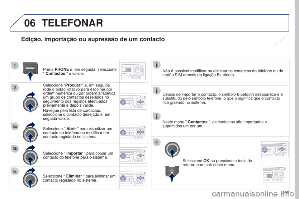 PEUGEOT 5008 2016  Manual de utilização (in Portuguese) 06
299
5008_pt_Chap12b_RT6-2-8_ed01-2015
Edição, importação ou supressão de um contacto
Prima PHONE e, em seguida, seleccione 
" Contactos " e valide.
Seleccione "Procurar" e, em 