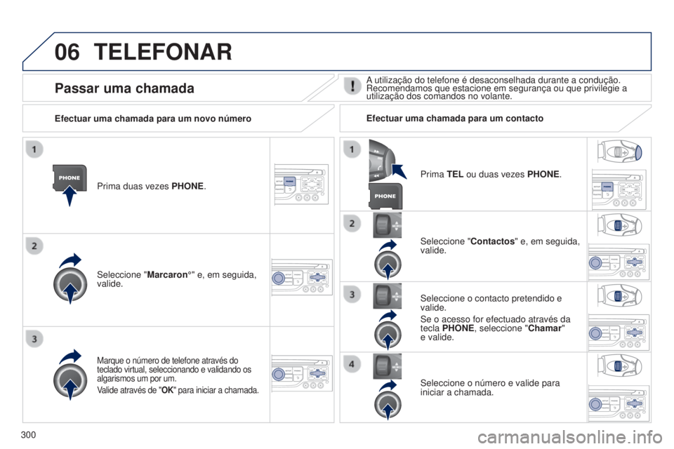 PEUGEOT 5008 2016  Manual de utilização (in Portuguese) 06
300
5008_pt_Chap12b_RT6-2-8_ed01-2015
TELEFONAR
Prima duas vezes PHONE.
Seleccione " Marcaron°" e, em seguida, 
valide. Seleccione "
Contactos" e, em seguida, 
valide.
Marque o nú