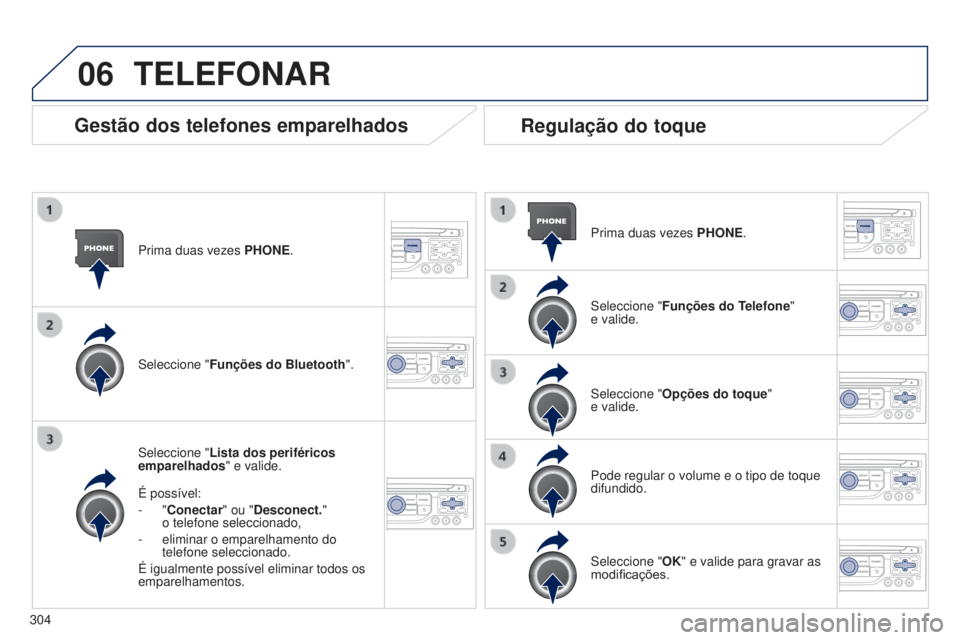 PEUGEOT 5008 2016  Manual de utilização (in Portuguese) 06
304
5008_pt_Chap12b_RT6-2-8_ed01-2015
Prima duas vezes PHONE.
Seleccione " Lista dos periféricos 
emparelhados" e valide.
É possível:
-
  "Conectar" ou "Desconect."  
o t
