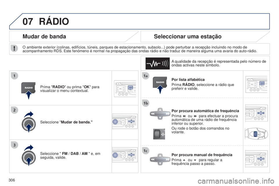PEUGEOT 5008 2016  Manual de utilização (in Portuguese) 07
306
5008_pt_Chap12b_RT6-2-8_ed01-2015
Por lista alfabética
Prima RÁDIO, seleccione a rádio que 
preferir e valide.
Por procura automática de frequência
Prima 7 ou 8 para efectuar a procura 
