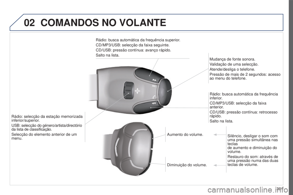 PEUGEOT 5008 2016  Manual de utilização (in Portuguese) 02
331
5008_PT_CHAP12C_RD45_ED01_2015
COMANDOS NO VOLANTE
Rádio: busca automática da frequência superior.
CD/MP3/USB: selecção da faixa seguinte.
CD/USB: pressão contínua: avanço rápido.
Salt