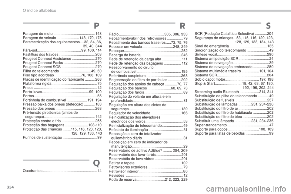 PEUGEOT 5008 2016 Manual de utilização (in Portuguese) 354
5008_pt_Chap13_index-alpha_ed01-2015
Paragem do motor ........................................148
Paragem do veículo ......................1
4 8 , 170, 175
Parametrização dos equipamentos
. PEUGEOT 5008 2016 Manual de utilização (in Portuguese) 354
5008_pt_Chap13_index-alpha_ed01-2015
Paragem do motor ........................................148
Paragem do veículo ......................1
4 8 , 170, 175
Parametrização dos equipamentos
.