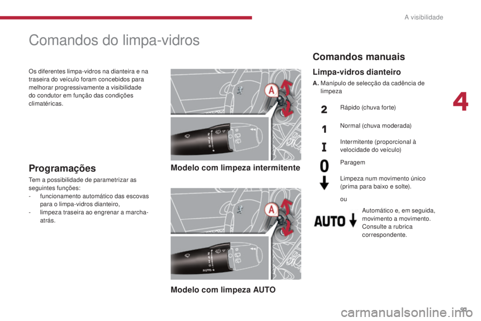PEUGEOT 5008 2016  Manual de utilização (in Portuguese) 91
5008_pt_Chap04_visibilite_ed01-2015
Comandos do limpa-vidros
Modelo com limpeza intermitente
Modelo com limpeza AUTOProgramações
Tem a possibilidade de parametrizar as 
seguintes funções:
- 
f
