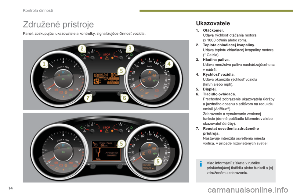 PEUGEOT 5008 2016 Návod na použitie (in Slovakian) 14
5008_sk _Chap01_controle- marche_ed01-2015
Združené prístroje
Panel, zoskupujúci ukazovatele a kontrolky, signalizujúce činnosť vozidla.
Ukazovatele
1. Otáčkomer. U
dáva rýchlosť otá PEUGEOT 5008 2016 Návod na použitie (in Slovakian) 14
5008_sk _Chap01_controle- marche_ed01-2015
Združené prístroje
Panel, zoskupujúci ukazovatele a kontrolky, signalizujúce činnosť vozidla.
Ukazovatele
1. Otáčkomer. U
dáva rýchlosť otá