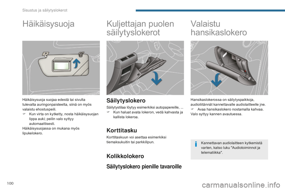 PEUGEOT 5008 2016 Omistajan Käsikirja (in Finnish) 100
5008_fi_Chap05_amenagements_ed01-2015
Kuljettajan puolen
säilytyslokerot
Säilytyslokero
Säilytystilaa löytyy esimerkiksi autopapereille, ...
F K un haluat avata lokeron, vedä kahvasta ja
ka PEUGEOT 5008 2016 Omistajan Käsikirja (in Finnish) 100
5008_fi_Chap05_amenagements_ed01-2015
Kuljettajan puolen
säilytyslokerot
Säilytyslokero
Säilytystilaa löytyy esimerkiksi autopapereille, ...
F K un haluat avata lokeron, vedä kahvasta ja
ka