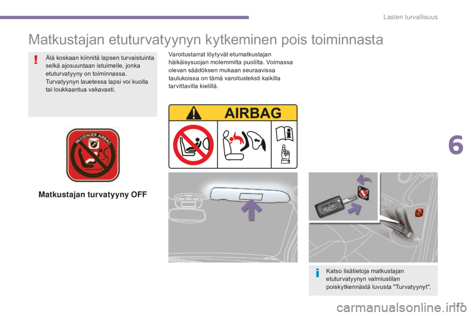 PEUGEOT 5008 2016 Omistajan Käsikirja (in Finnish) 117
5008_fi_Chap06_securite-enfants_ed01-2015
Matkustajan turvatyyny OFF
Katso lisätietoja matkustajan
etuturvatyynyn valmiustilan
poiskytkennästä luvusta "Turvatyynyt".
Matkustajan etutu PEUGEOT 5008 2016 Omistajan Käsikirja (in Finnish) 117
5008_fi_Chap06_securite-enfants_ed01-2015
Matkustajan turvatyyny OFF
Katso lisätietoja matkustajan
etuturvatyynyn valmiustilan
poiskytkennästä luvusta "Turvatyynyt".
Matkustajan etutu